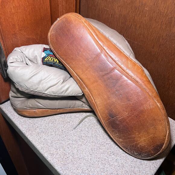 Vintage Eddie Bauer Down Booties XL 60s Sunrise Tag Goose Slippers Khaki Tan USA - Picture 2 of 8